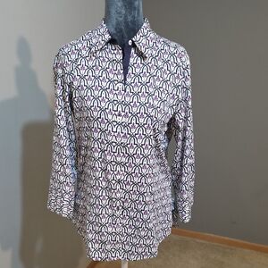 Foxcroft NYC Wrinkle Free Purple Navy Geometric Print Tunic Blouse | Size 6
